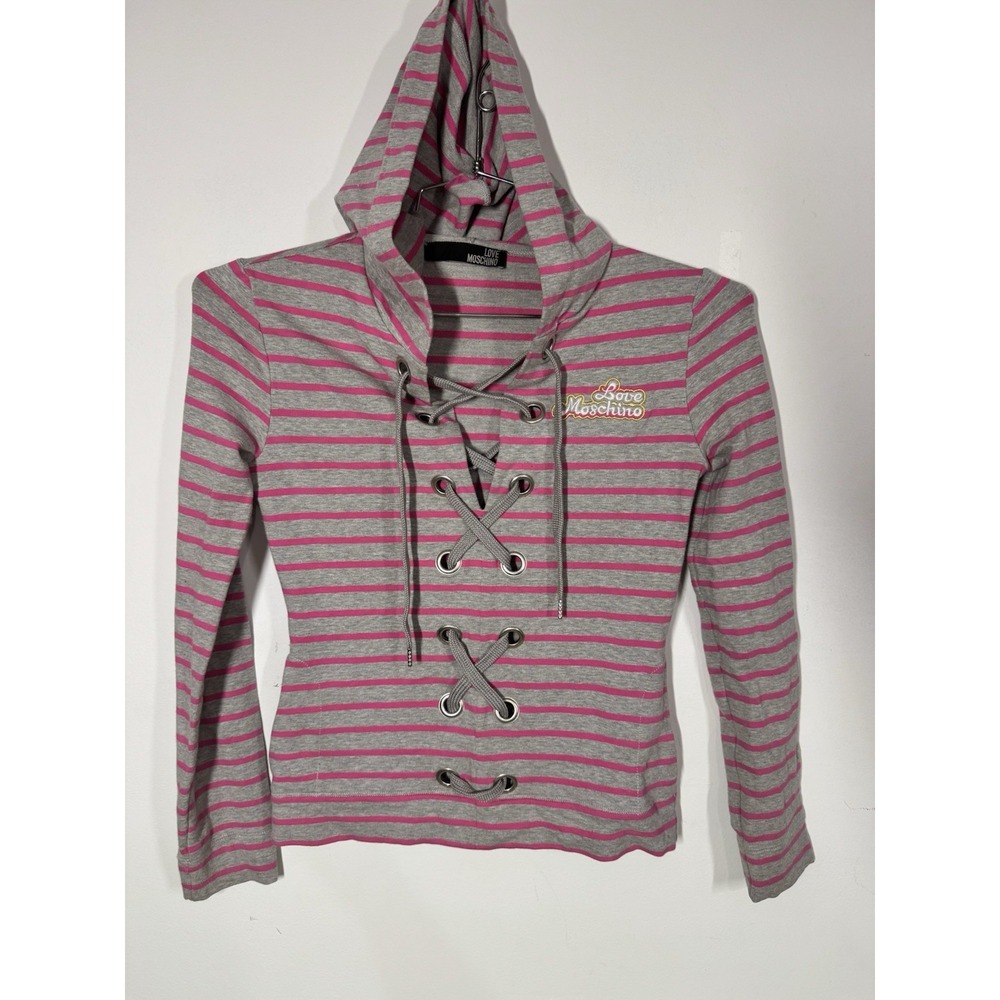 Love Moschino Women's Lace Up Cropped Hoodie Size 6 Gray Pink Striped Luxury